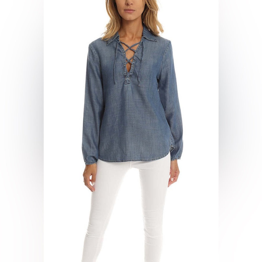 Frame | Revolve denim blue Hadley lace up blouse top size XS msrp $249